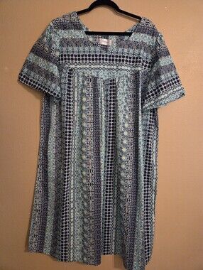 NATIONAL Blue Teal Batik Tile Print 100% Cotton Short Sleeve MuuMuu Nap Dress XL